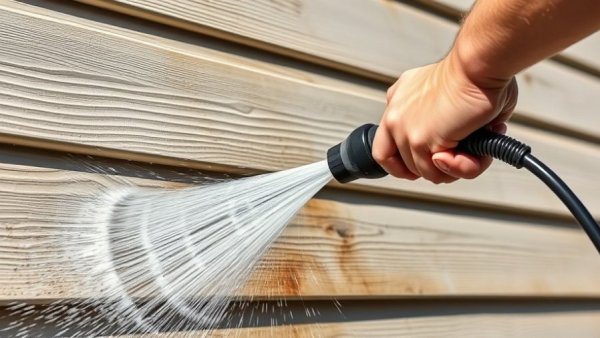 Power washing clean vinyl siding, removing dirt, close-up detail.