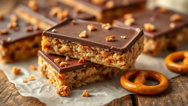 Gourmet high-protein dessert bars topped with pretzels.