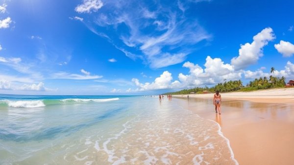 People enjoying a tropical beach scene in swimsuits.