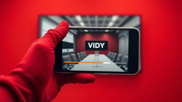 Elegant red-gloved hand holding iPhone with VIDDY video paused, red background.