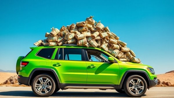 Green SUV with money bags on roof illustrating auto loan debt crisis.
