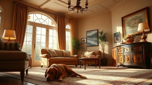 Classic California home interior with soft lighting and natural decor.