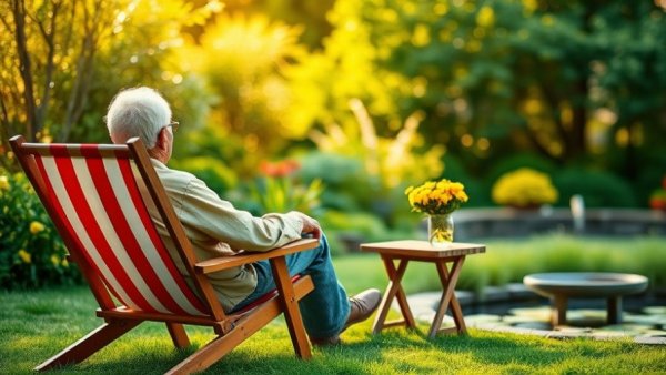 Older man relaxing in garden chair, surrounded by green landscape.