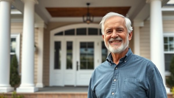 Older man smiling in front of elegant house for real estate personal branding.