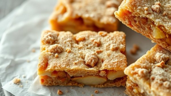 Soft-baked apple cinnamon snack bars on white parchment.