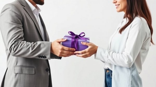 Two hands exchanging a purple gift box, representing professional boundaries.