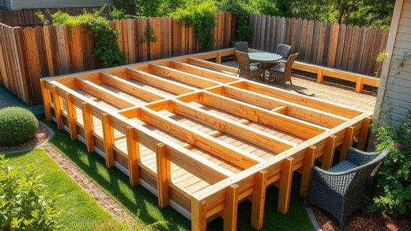 DIY deck building tips: backyard wooden deck framing under construction.