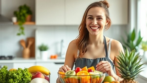 Woman preparing fruit salad in bright kitchen, healthy summer cookbooks inspiration.