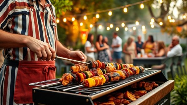Grilling Upgrades for Memorial Day BBQ: vibrant scene with skewers on grill.