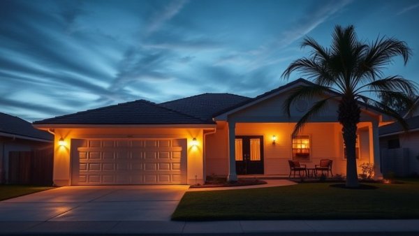 Suburban house illuminated by solar outdoor lighting at dusk.
