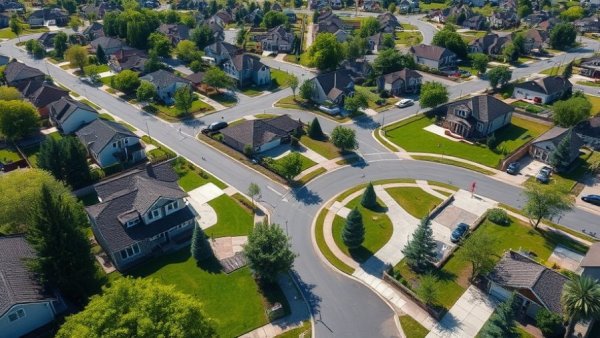 Aerial view of suburban neighborhood showing market trends.