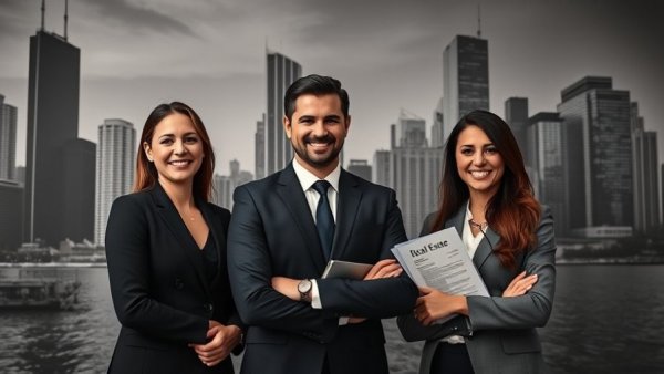 Chicago cityscape with professionals and real estate documents.