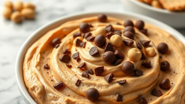 Creamy 3 Ingredient Peanut Butter Pie Dip topped with chocolate and peanuts in a bowl.