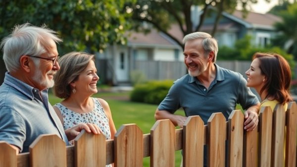 Friendly neighbors chatting over a fence in a sunny garden.