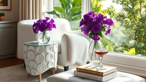 Estate sale finds for home decor featuring a stylish side table and vibrant floral arrangement.