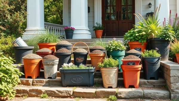 Assorted mulch glue containers displayed outside with greenery surrounding.