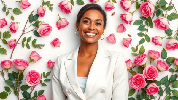 Confident woman leader in real estate, surrounded by flowers.
