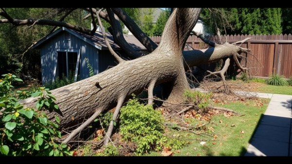 Fallen tree on shed showing responsibility for fallen trees.