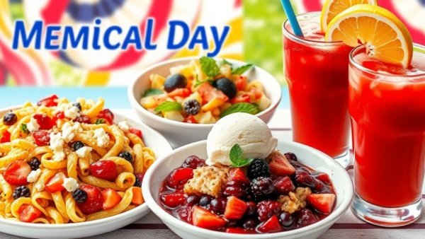 Colorful Memorial Day recipes with pasta salad and smoothie.