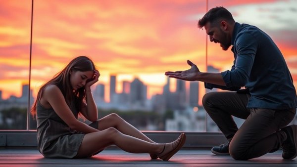 Signs of a toxic relationship, a couple arguing during sunset.