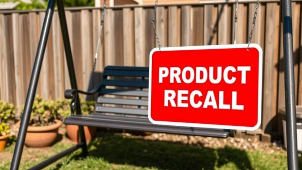 Outdoor swing with product recall notice against a wooden fence.