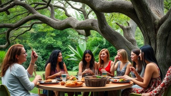 Group of women enjoying zero-waste cooking meal outdoors under trees.