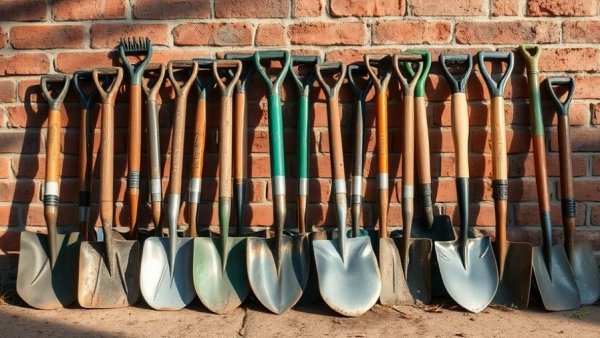 Common types of shovels and gardening tools against brick wall.