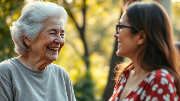 Joyful elderly woman with young woman in conversation outdoors
