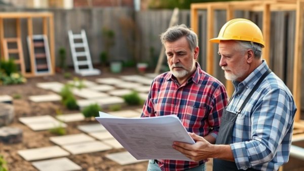Concerned couple discussing backyard plans with contractor, addressing landscaping disputes.