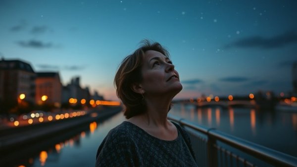 Impact of grief on mental health depicted by woman contemplating stars.