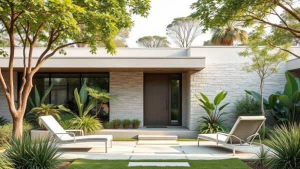 Sleek modern home exterior with greenery in a mid-century design style