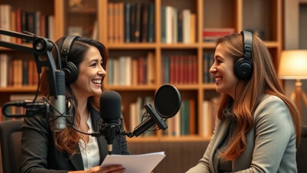 Professional women podcast discussion in studio with bookshelves.