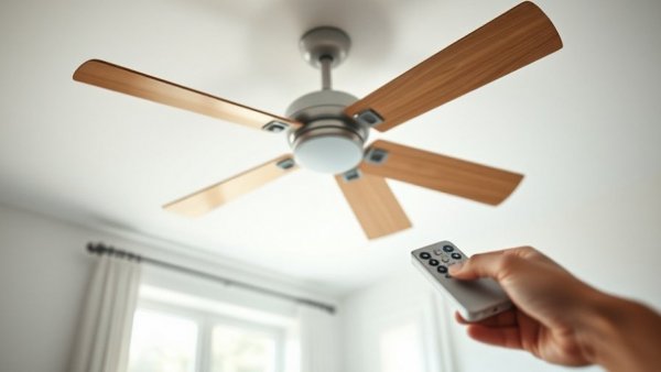 Ceiling fan cooling a hot second floor with remote control in use.