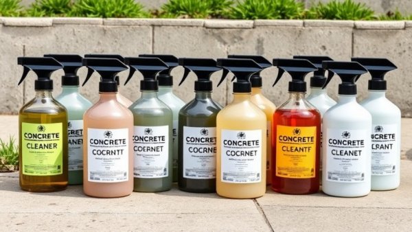 Selection of best concrete cleaners displayed on pavement in daylight.