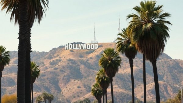 Iconic Hollywood sign framed by palm trees in Hollywood Hills