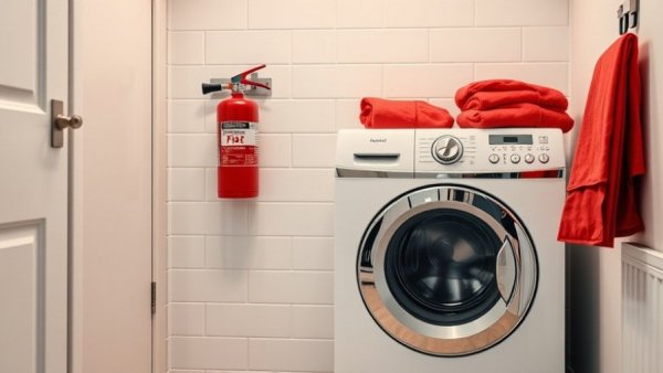 Laundry room featuring fire extinguisher for homeowners' safety.
