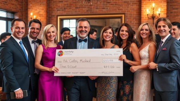 Charity gala group with donation check supporting family violence services.