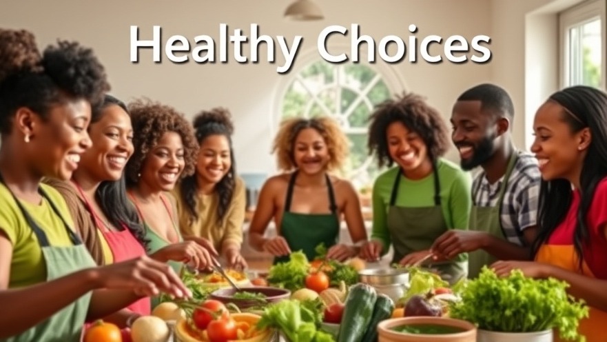 Diverse group joyfully preparing a vibrant meal, promoting healthy eating habits.
