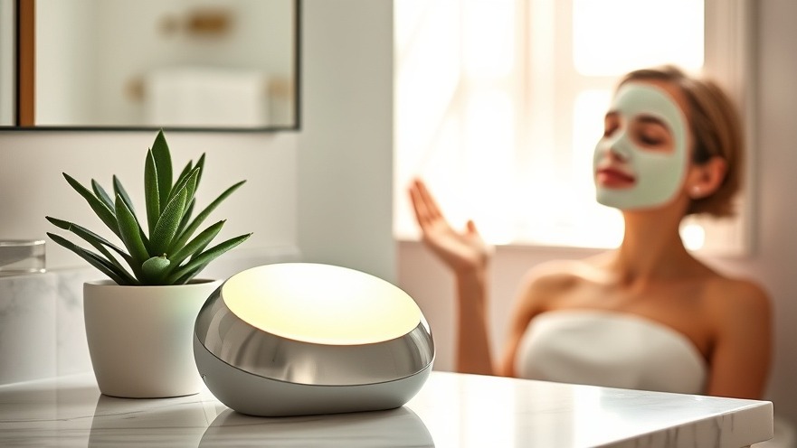 Sleek self-care technology facial cleansing device in serene bathroom setting.