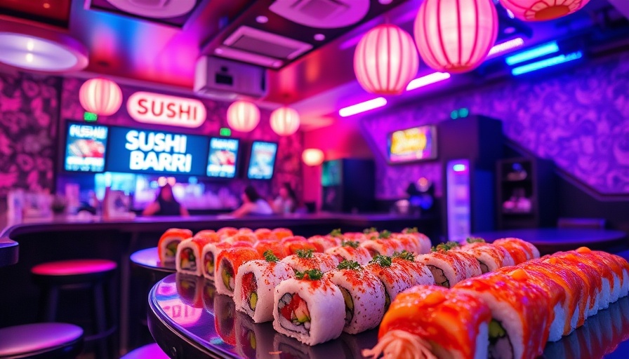 Oishii Sushi & Karaoke Bar with colorful lights and sushi rolls.