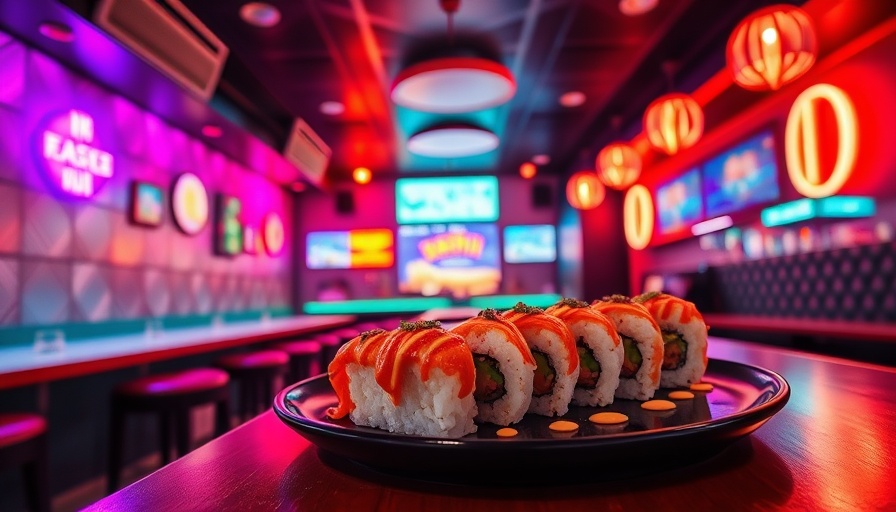 Oishii Sushi & Karaoke Bar interior with vibrant sushi and karaoke setup.