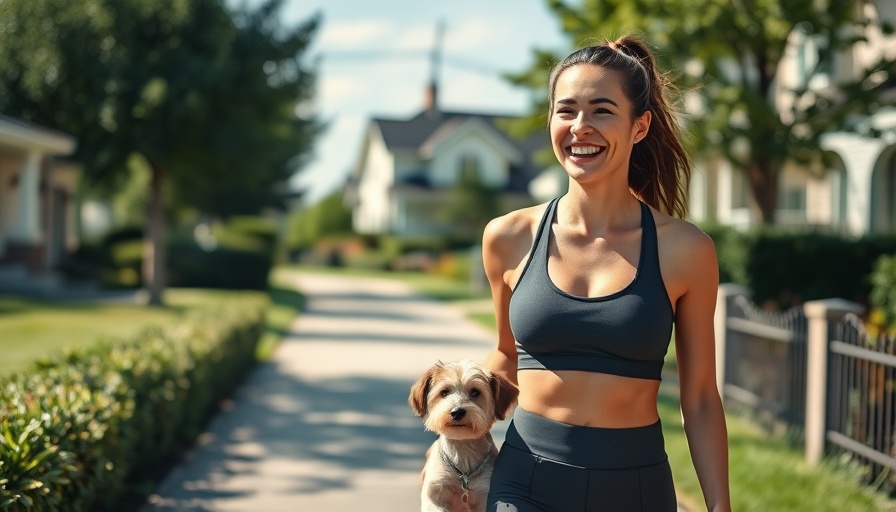 Active woman walking her dog outdoors to kick-start her wellness journey.