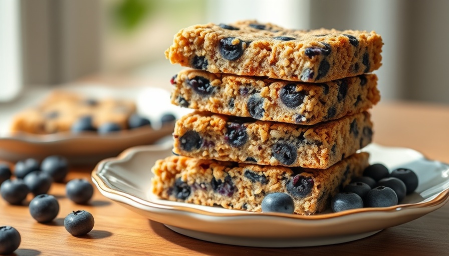 Stacked blueberry quinoa bars on a white plate in natural light.