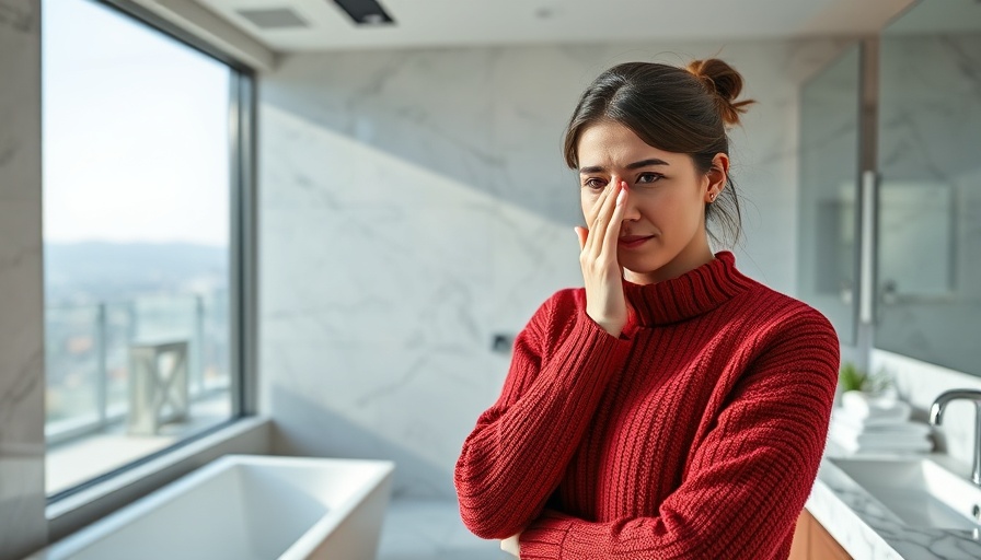 Concerned woman in bathroom, sewer smell in house