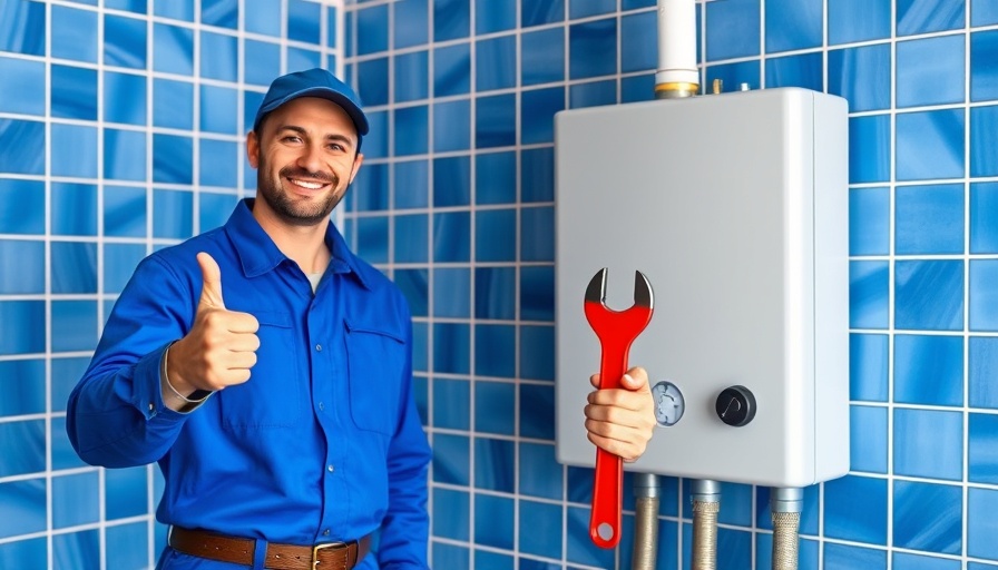 Technician installing tankless water heater, tiled wall background.