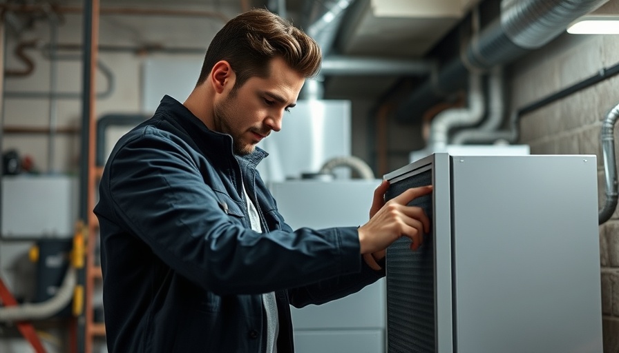 Man checking furnace filter in a basement setting.