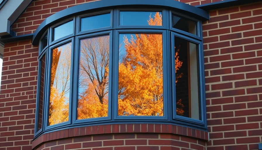 Installing bay windows on a brick house with autumn reflections.