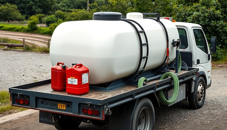 Portable water system on truck with tank and hose amidst outdoor setting.