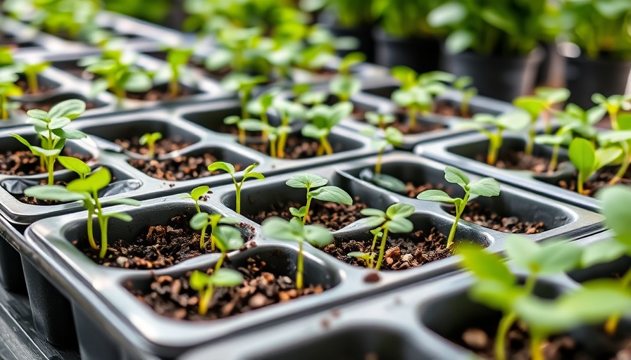 Seed starting trays with young seedlings in nursery.