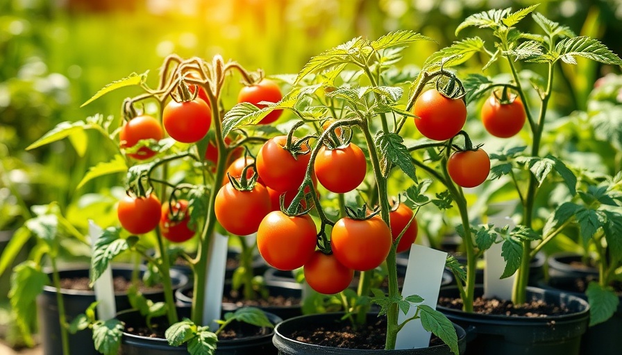 Young tomato plants hardening off in pots outdoors, sunlight exposure.